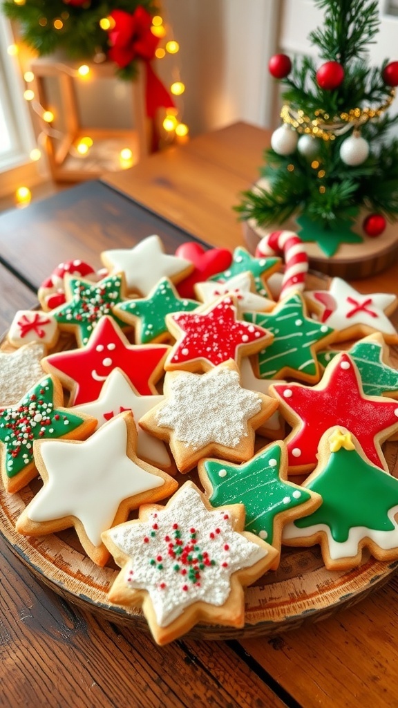 A colorful assortment of Southern Christmas cookies on a rustic platter, decorated for the holidays.